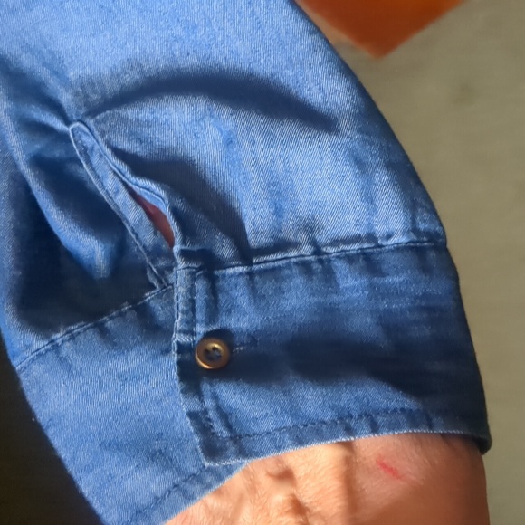 SABRINA LAUREN* raw edge denim back ruffle tuxedo blouse long sleeve button fron - Picture 6 of 15